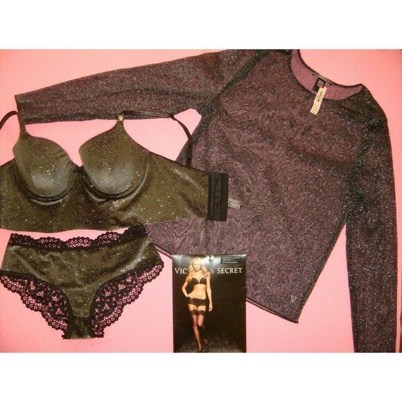 Victoria's Secret 34DD CORSET TOP BRA SET+M SHIRT BLACK sparkle soft velvet sexy